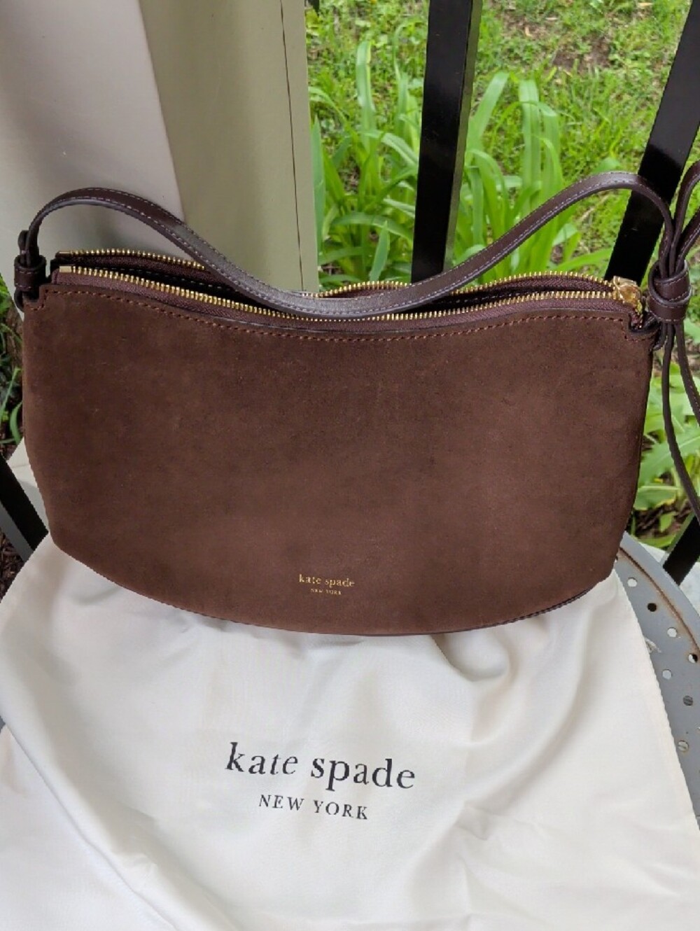 kate spade dark brown suede shoulder bag with gold zipper - Picture 9 of 11